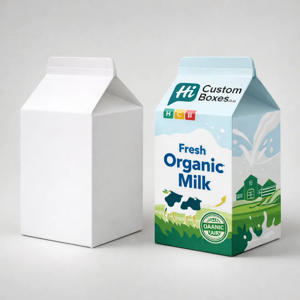 Two square cardboard boxes with open lids, one plain white and one showing fresh milk product branding.
